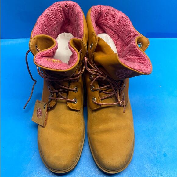 TIMBERLAND Women's sz 10 M Boots Shoes Tan Leather with Pink Lined Fold Over - Picture 5 of 10